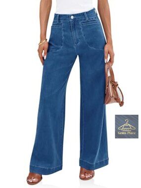 High Waisted Wide Leg Baggy Stretch Denim Jeans Ankle Length Pleated